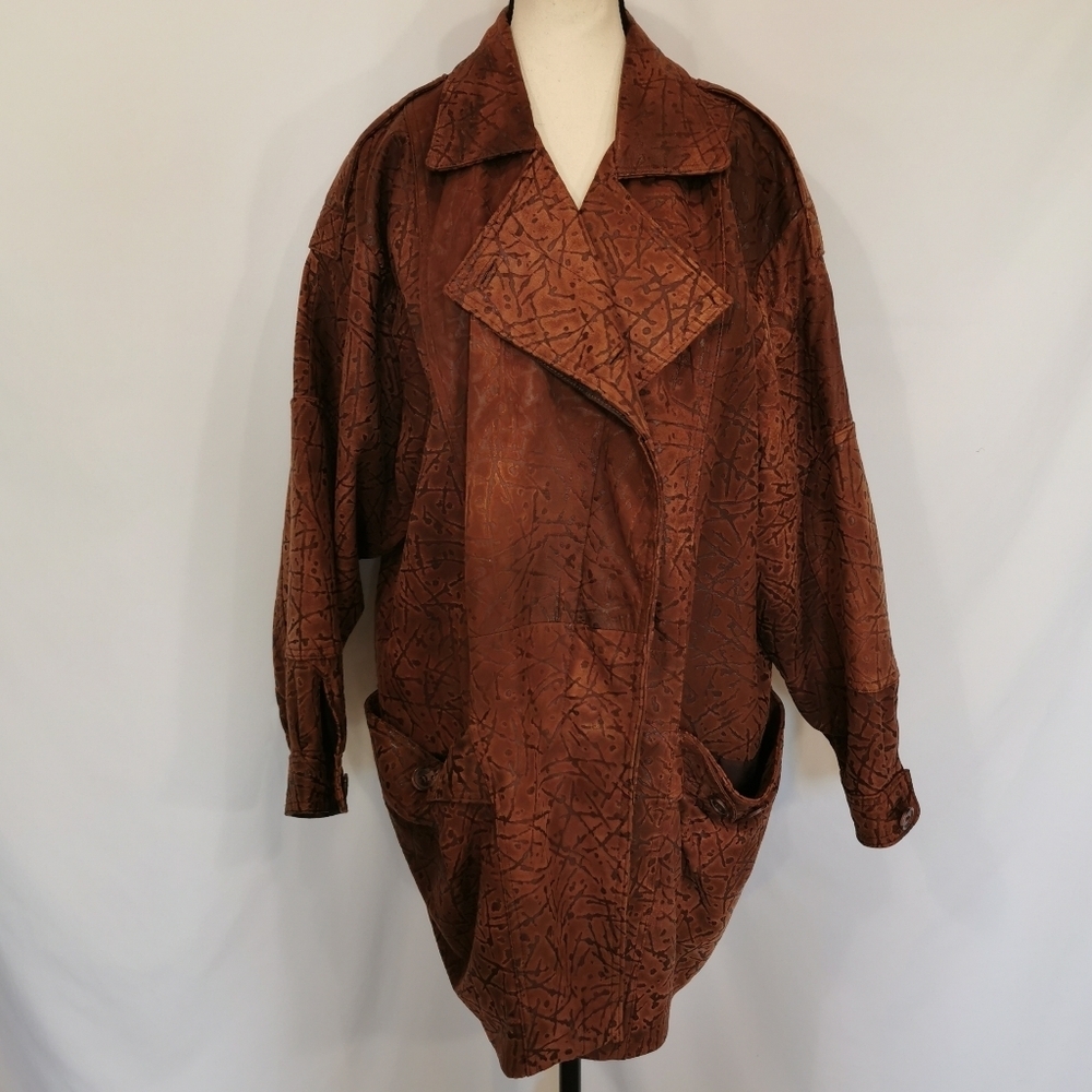 Brown Textured Leather Oversized Jacket